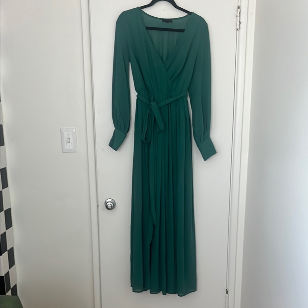Miss Avenue Green Wrap Tie Front Long Sleeve Gown